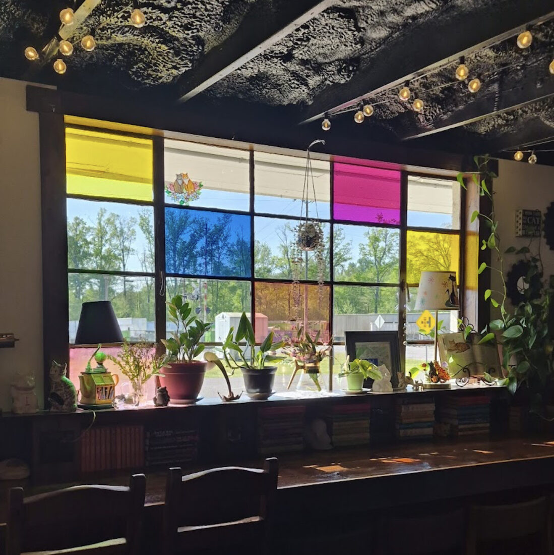 The cozy, vintage interior of Moody Cat Coffee Shop with stained-glass windows