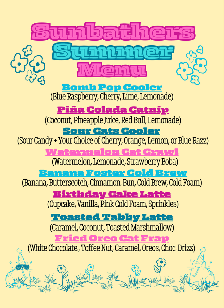 Moody Cat Coffee Shop Sunbathers Summer Menu